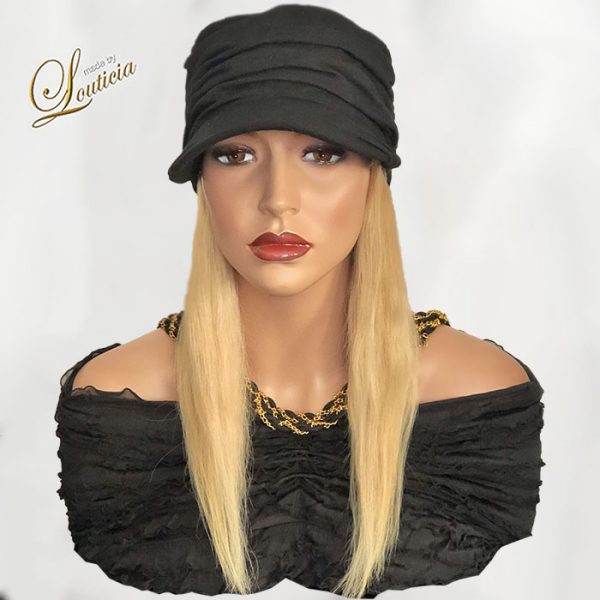 Chemo Black Hat with Straight Blonde Hair Attached