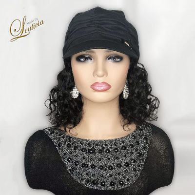 Black Chemo Hat with Wavy Black Hair Attached