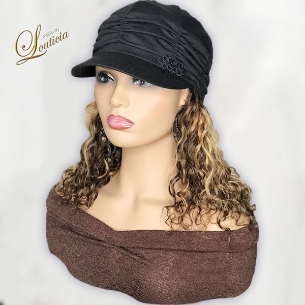 Black Chemo Hat with Mixed Color Wavy Black Hair Attached