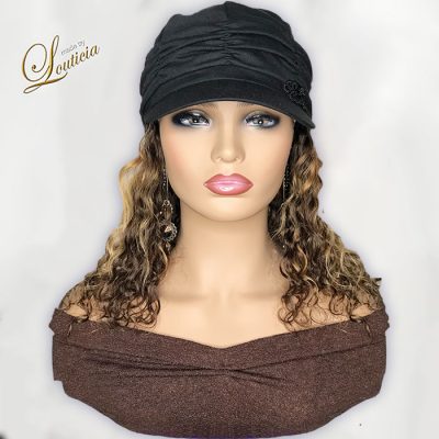 Black Chemo Hat with Mixed Color Wavy Black Hair Attached