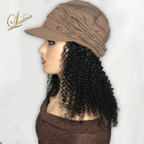 Brown Hat With Black Kinky Curly Hair Attached For Cancer Patients