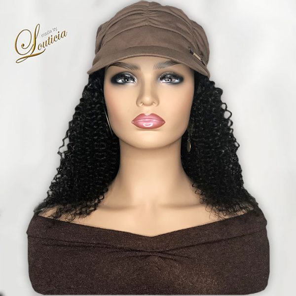 Brown Hat With Black Kinky Curly Hair Attached For Cancer Patients