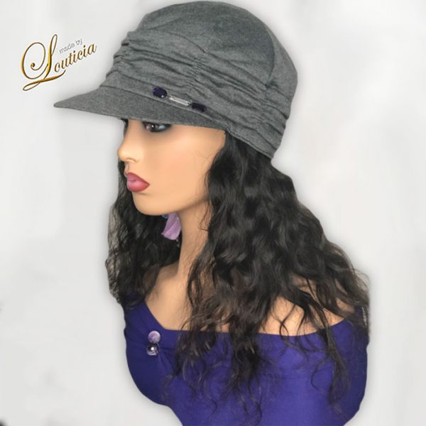 Gray Hat with Black Wavy Hair Attached For Cancer Patients