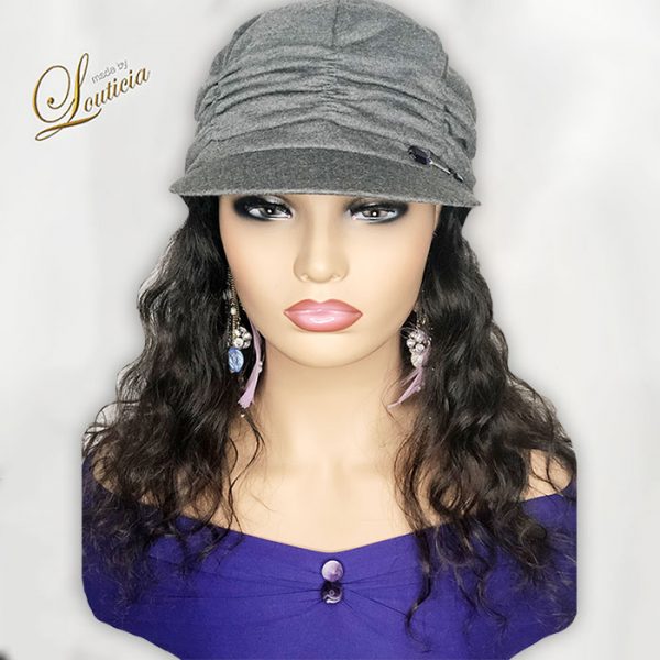 Gray Hat with Black Wavy Hair Attached For Cancer Patients
