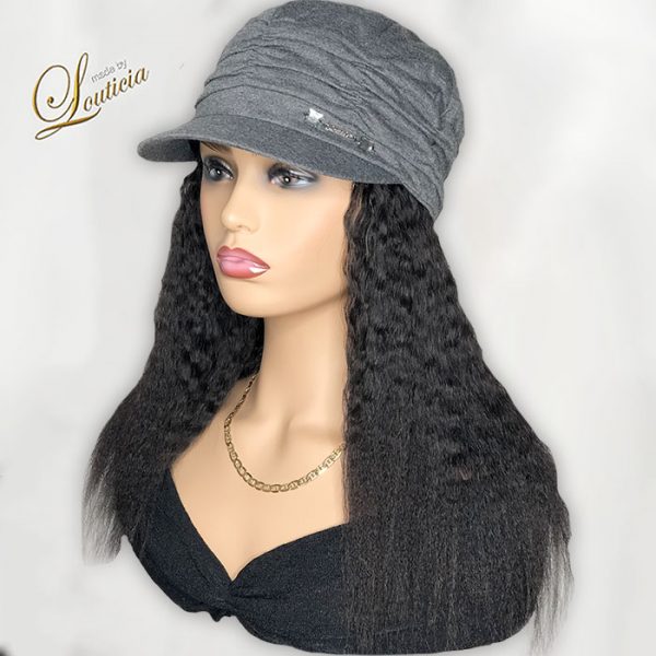 Gray Chemo Hat with Black Textured Hair Attached