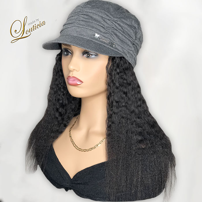 Gray Chemo Hat with Black Textured Hair Attached | Cranial Prosthesis Wigs