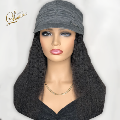 Gray Chemo Hat with Black Textured Hair Attached