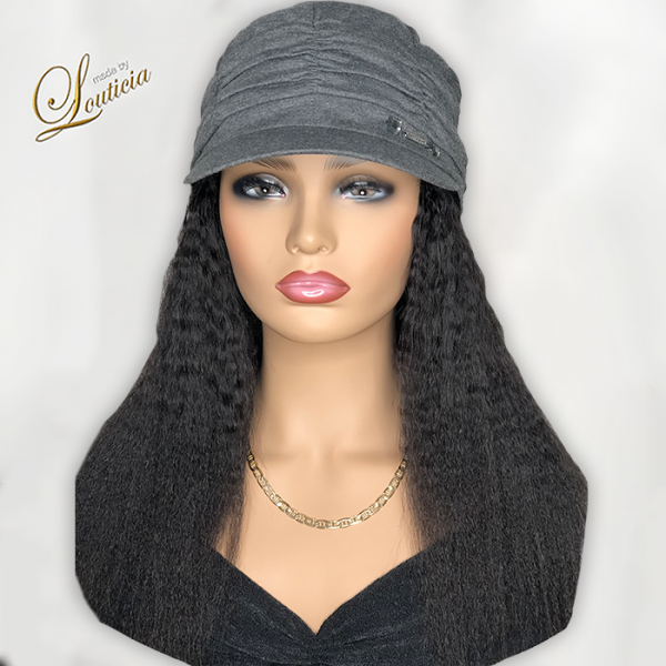 Gray Chemo Hat with Black Textured Hair Attached