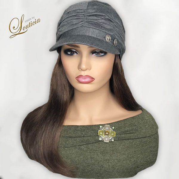 Chemo Gray Hat with Tricolor Straight Hair Attached