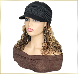 Black Hat with Brown Wavy Hair Attached for Chemo Patients
