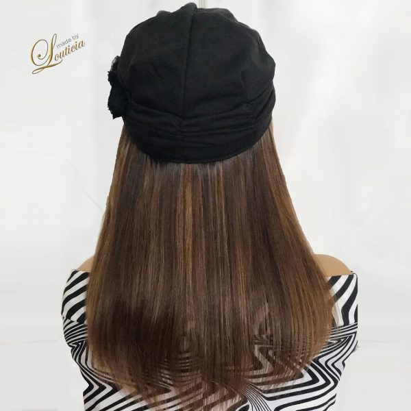 Black Chemo Hat with Hair Attached