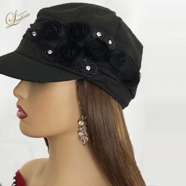 Black Chemo Hat with Hair Attached