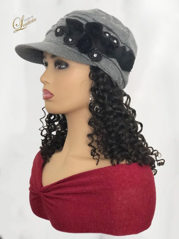 Fancy Gray Chemo Cap with Hair Attached