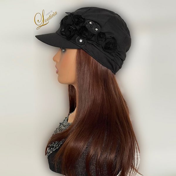 Black Chemo Hat with 16" Straight Copper Indian Hair Attached