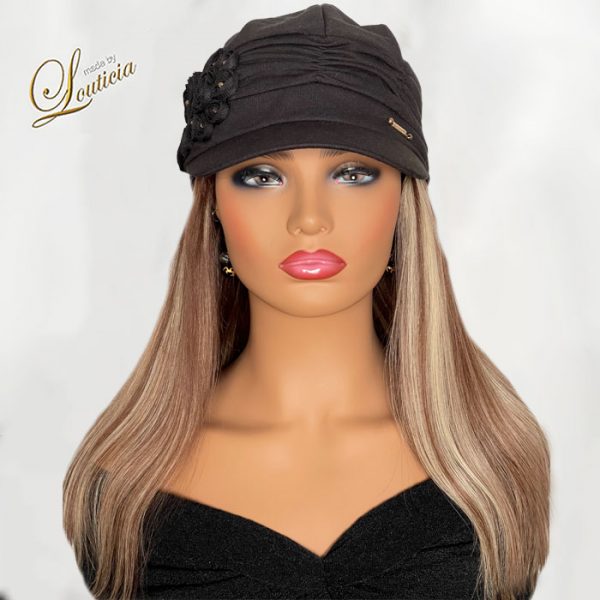 Black Fashion Hat with Hair Attached For Hair Loss