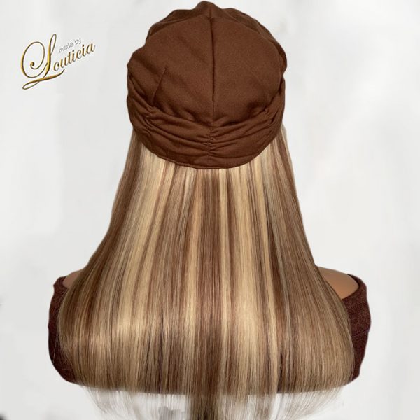 Tan Chemo Hat with Straight Blonde Hair Attached