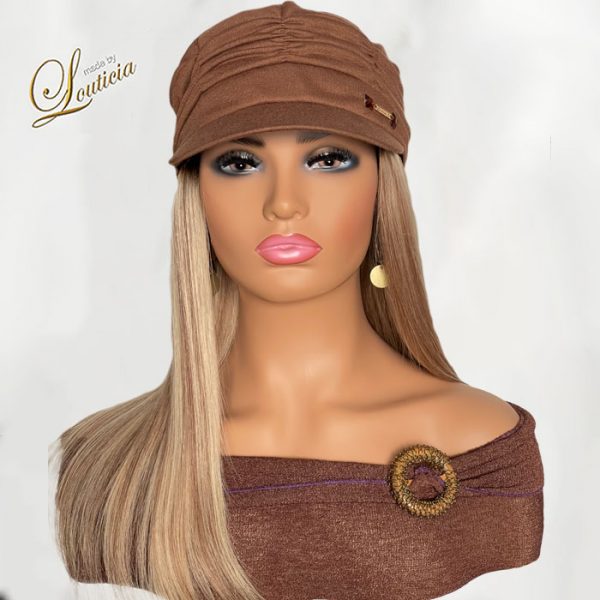 Tan Chemo Hat with Straight Blonde Hair Attached