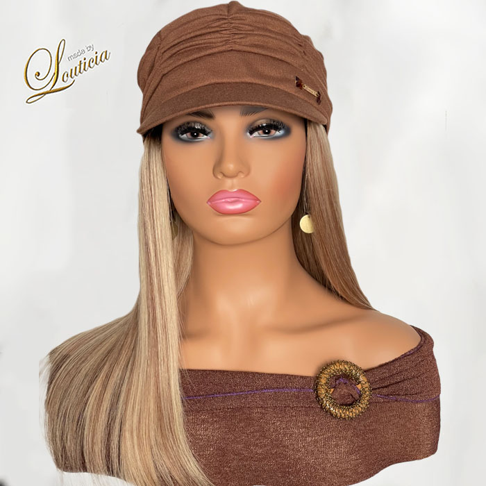 Tan Hat with 16 inch Blonde & Brown Hair Attached