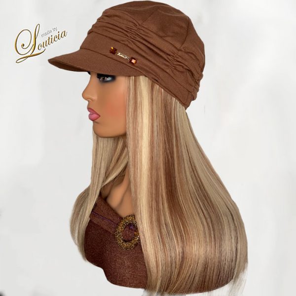 Tan Chemo Hat with Straight Blonde Hair Attached