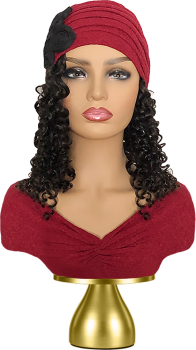 Women's Chemo Turban with Black Curly Hair Attached