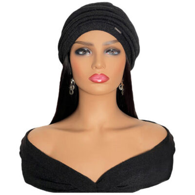 Women’s Black Turban with 16″ Black Straight Hair Attached